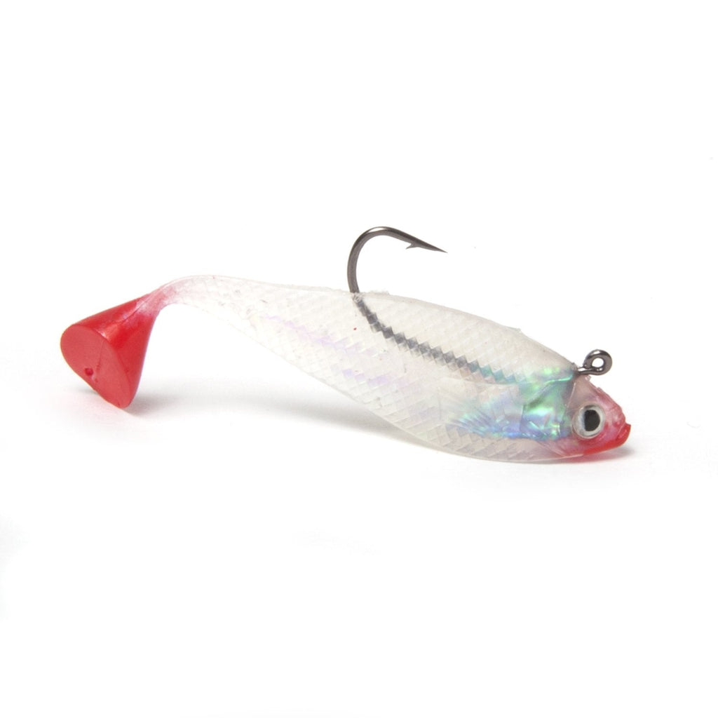 Got-Cha 3" soft plastic rigged shad with pearl body and red tail