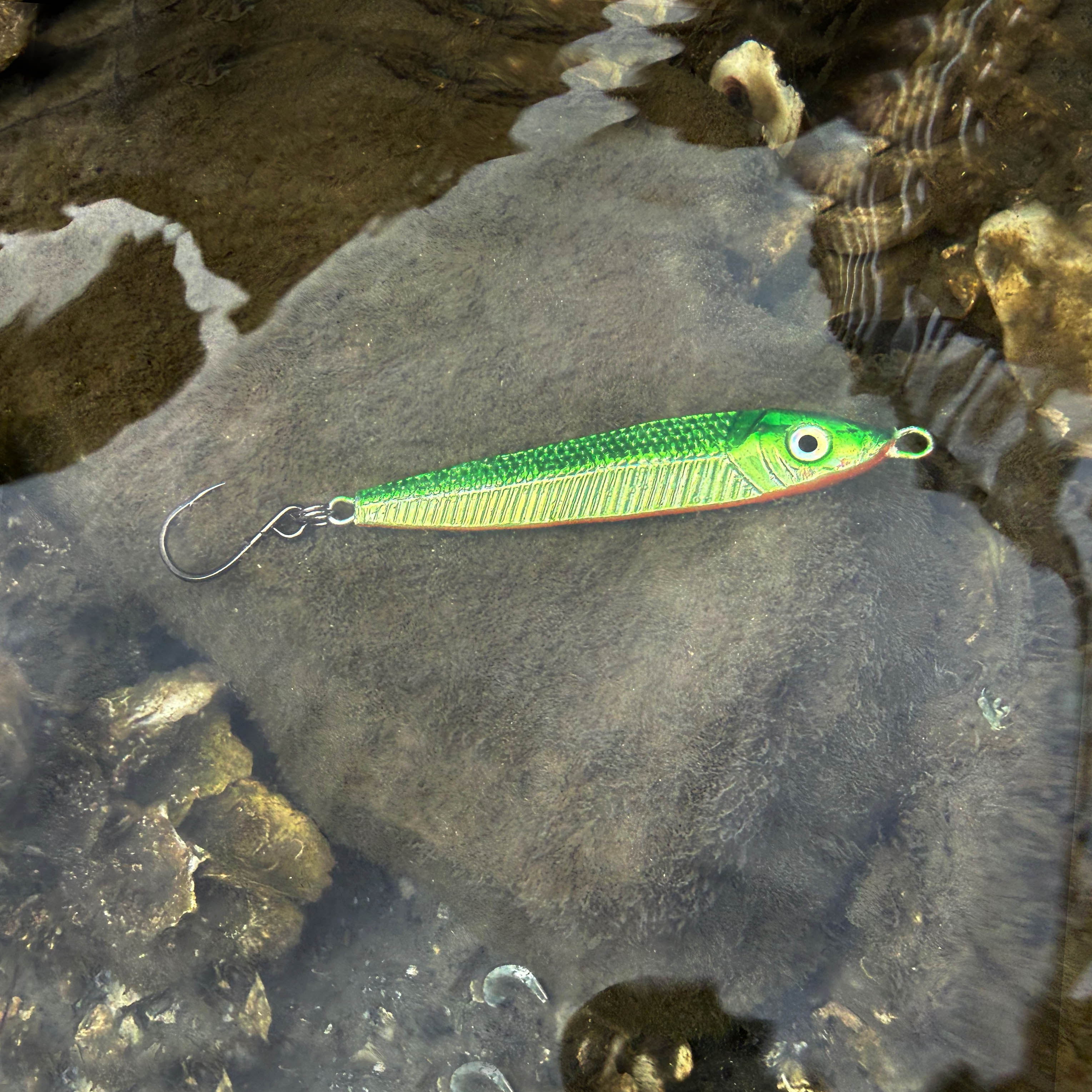 Green and jigfish lure on a rock with water in the background
